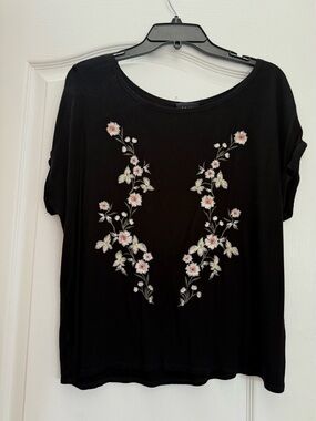 2 for $15 W5 Black Short-Sleeve Tee with Pink & Cream Floral Embroidery